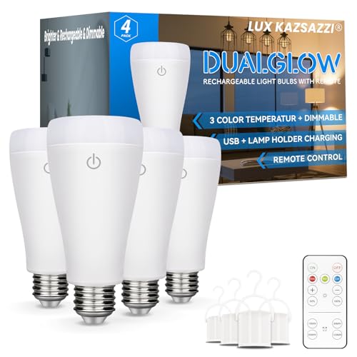 DualGlow Rechargeable Light Bulbs with Remote, Lamp Socket + USB Rechargeable Battery Light Bulb, 3 Color Temperatures and Dimmable Battery Operated Light Bulb, A19, Up to 20 Hours