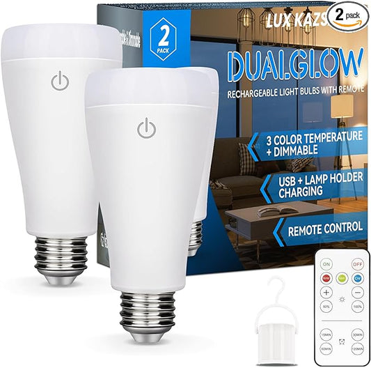 DualGlow Rechargeable Light Bulbs with Remote, Lamp Socket + USB Rechargeable Battery Light Bulb, 3 Color Temperatures and Dimmable Battery Operated Light Bulb, A19, Up to 20 Hours, 2 Pack